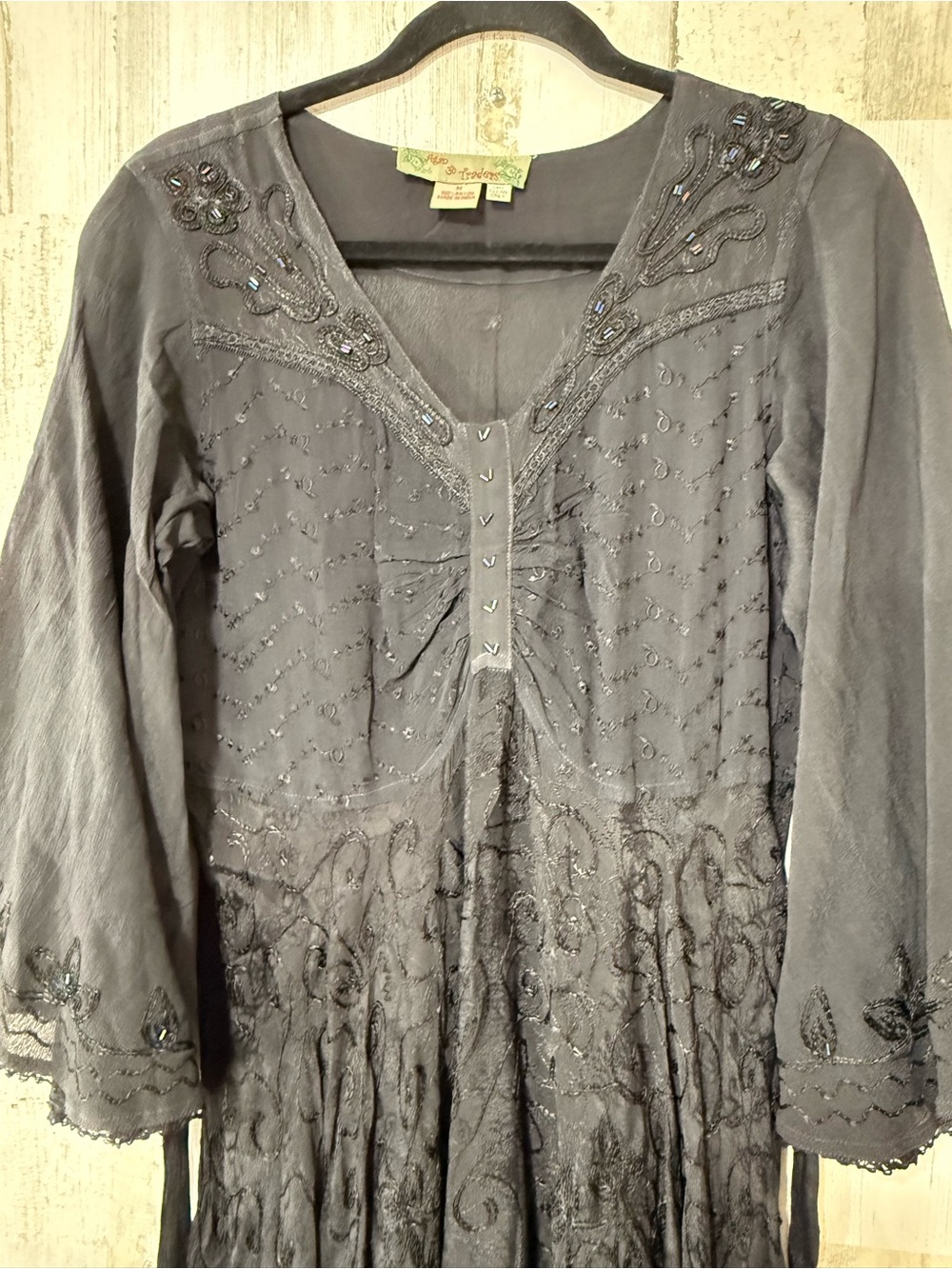 Butterfly Rayon Black Embroidered Maxi Dress Trumpet Sleeve - Picture 15 of 15
